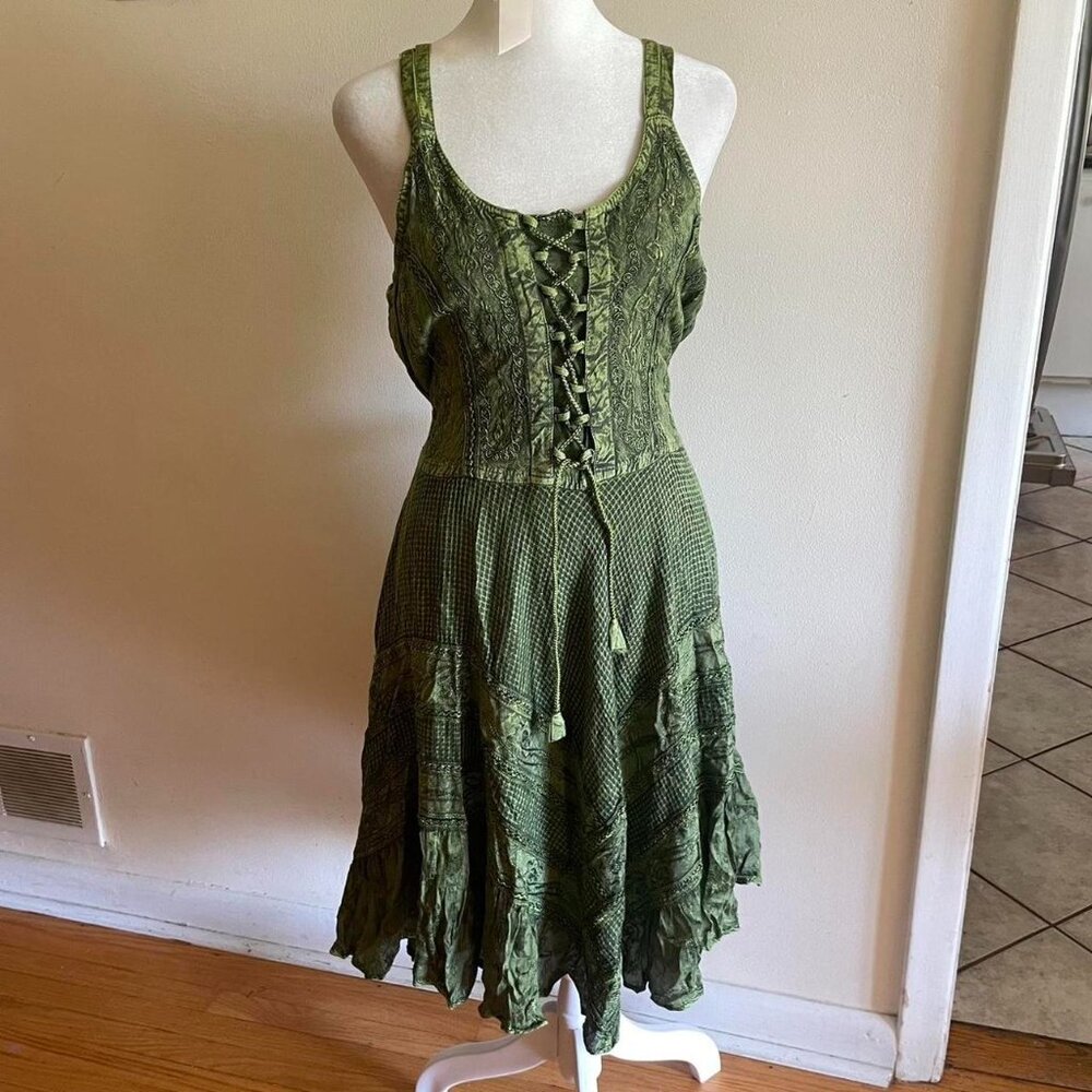 Green Lace-Up Midi Dress